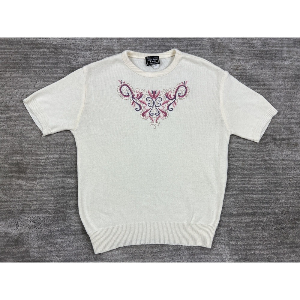 Southern Lady Sweater Women Small Ivory Short Sleeve Embroidered Floral 1C75 USA